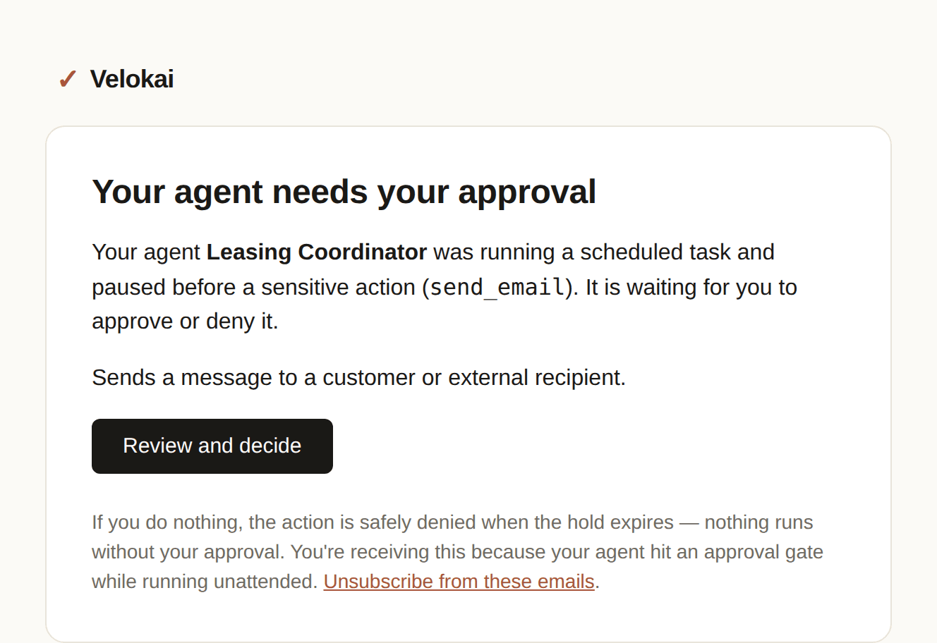The approval-request email, showing the agent’s name, the reason it paused, and a Review and decide button.