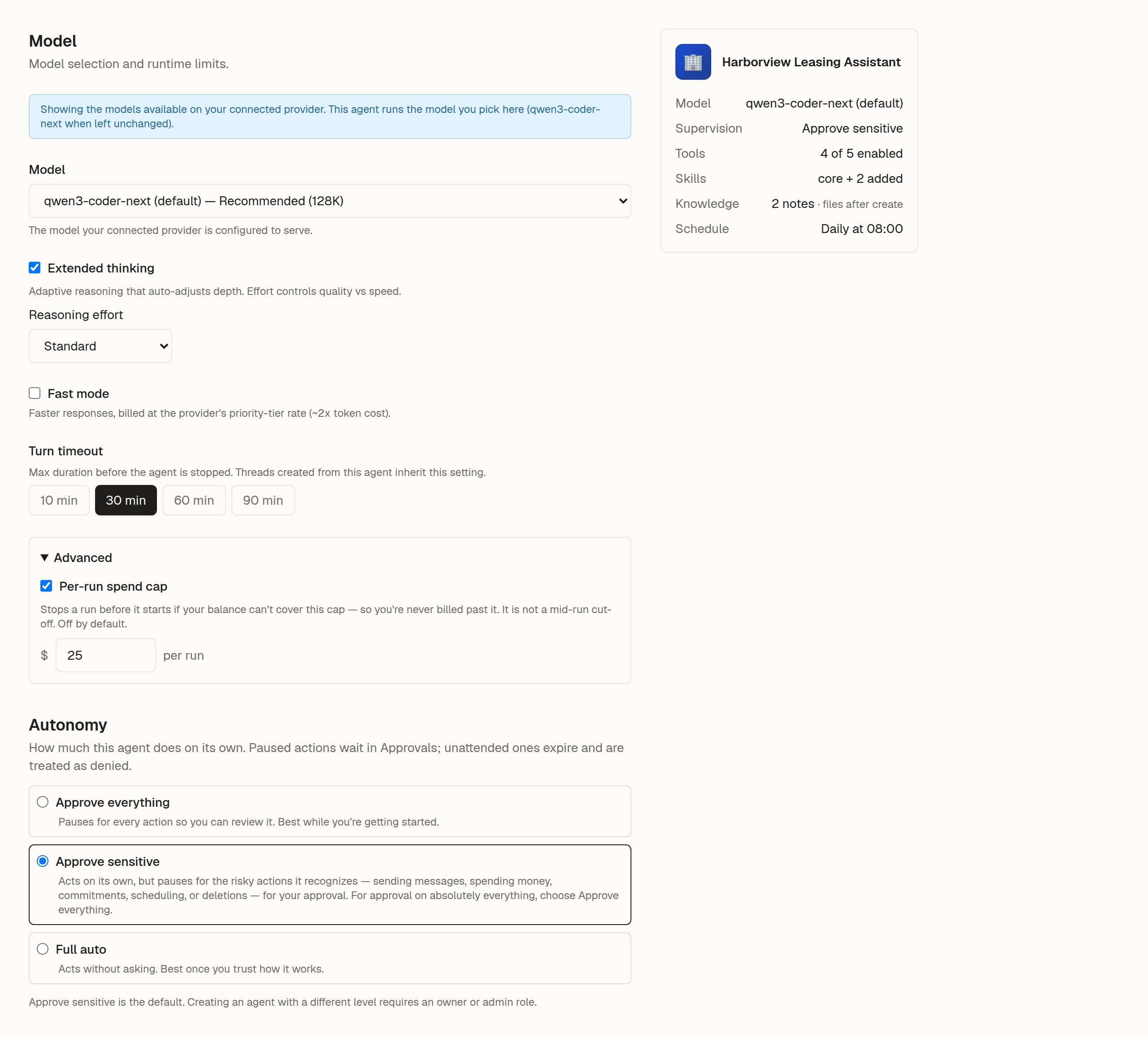 The agent builder’s Model and Autonomy sections with the live preview panel, showing a selected model, a $25 per-run spending cap, and the Approve sensitive autonomy level.